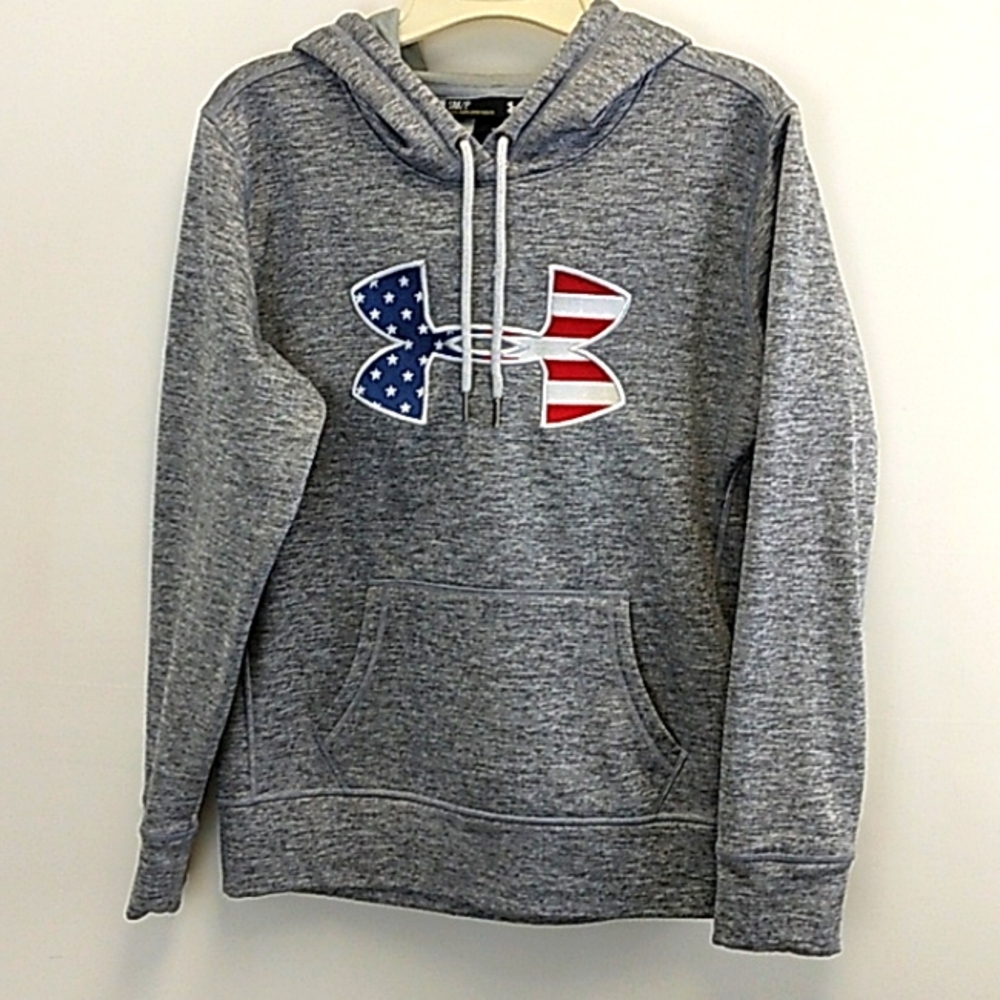 Women's Small Under Armour USA Flag Hoodie Sweatshirt Storm‎ Gray Pullover